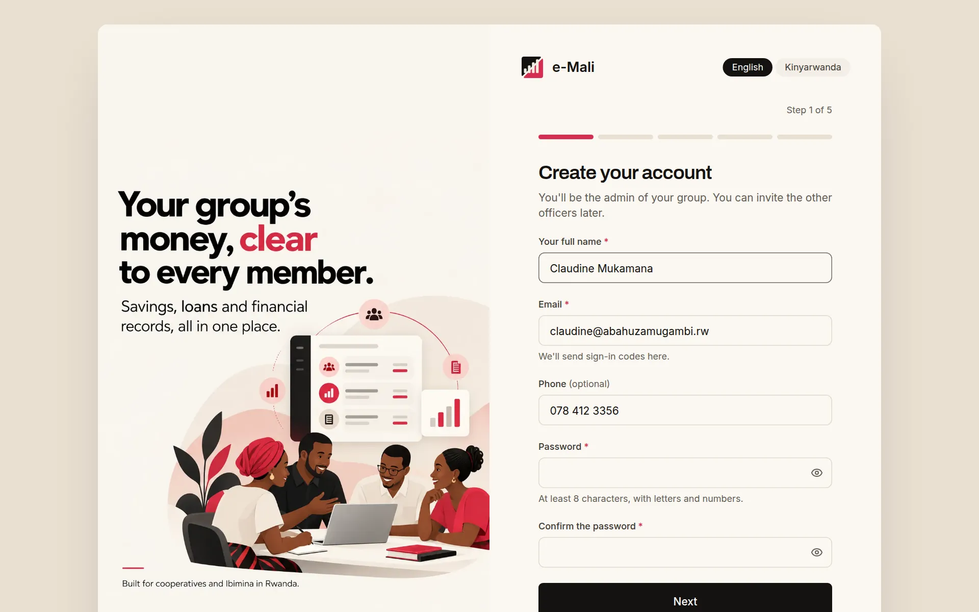 The e-Mali sign-up page on a laptop, where a group creates its account in five steps