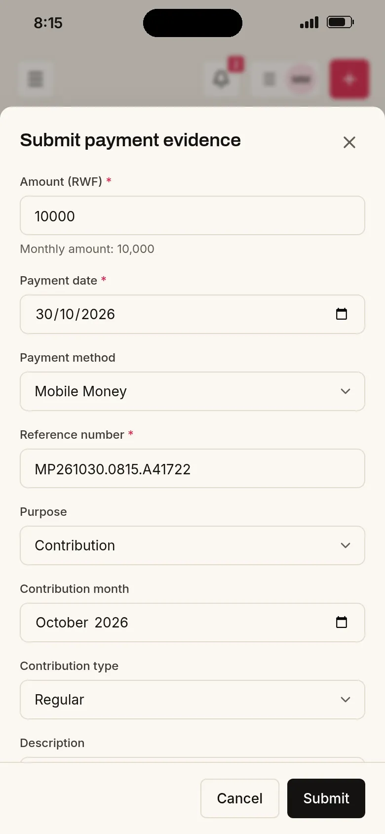 A member's phone with the payment form filled in: 10,000 RWF by Mobile Money, with the transaction reference